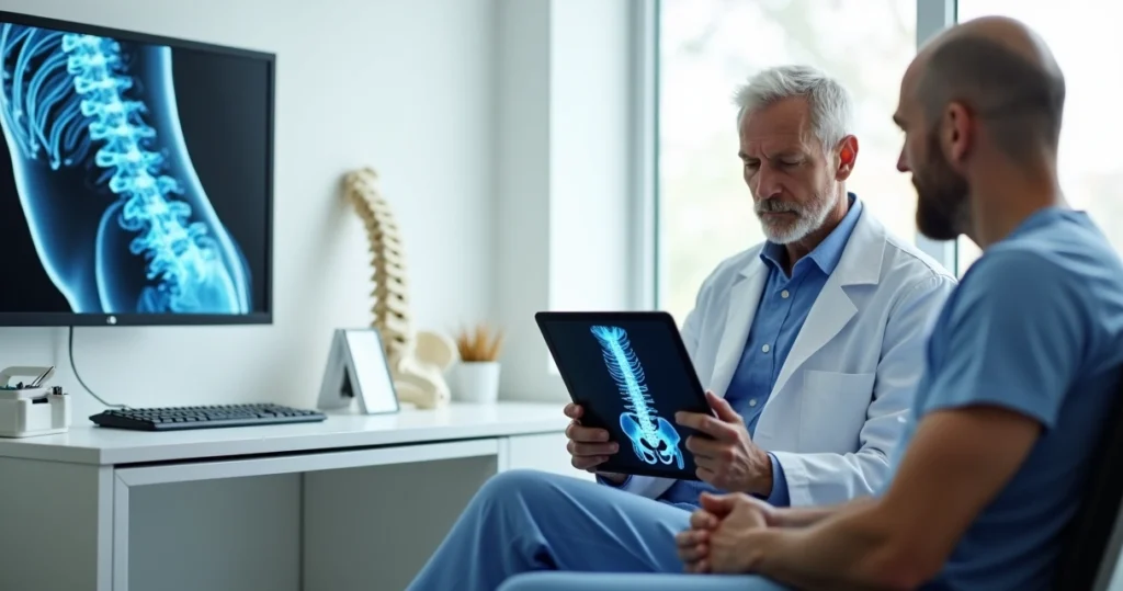 Médico mostrando em tablet a imagem da coluna para paciente em consultório moderno