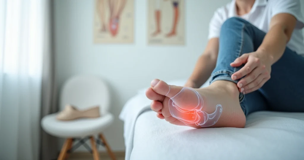 Pé descalço com joanete destacado em consultório iluminado