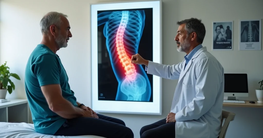 Médico mostrando exame de coluna com hérnia de disco para paciente sentada