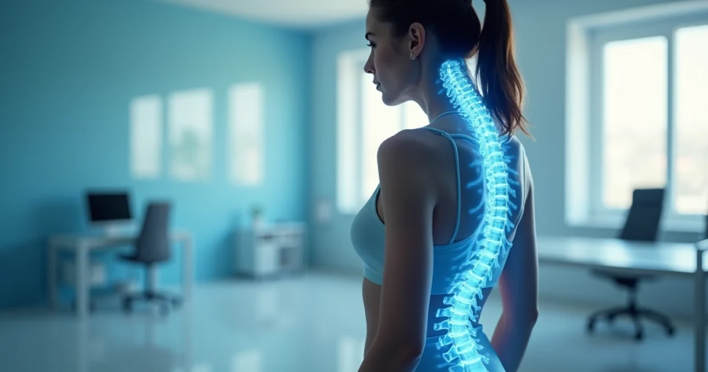 Perfil de mulher com coluna vertebral destacada em ilustração tecnológica azul