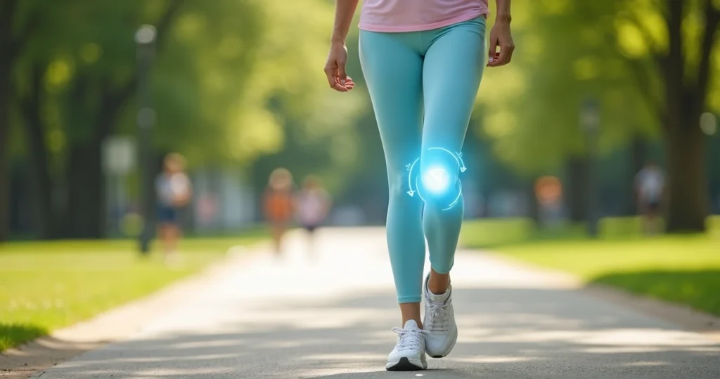 Mulher idosa caminhando em parque com foco no joelho saudável