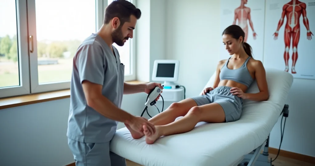 Médico aplicando terapia por onda de choque em perna de paciente em clínica moderna