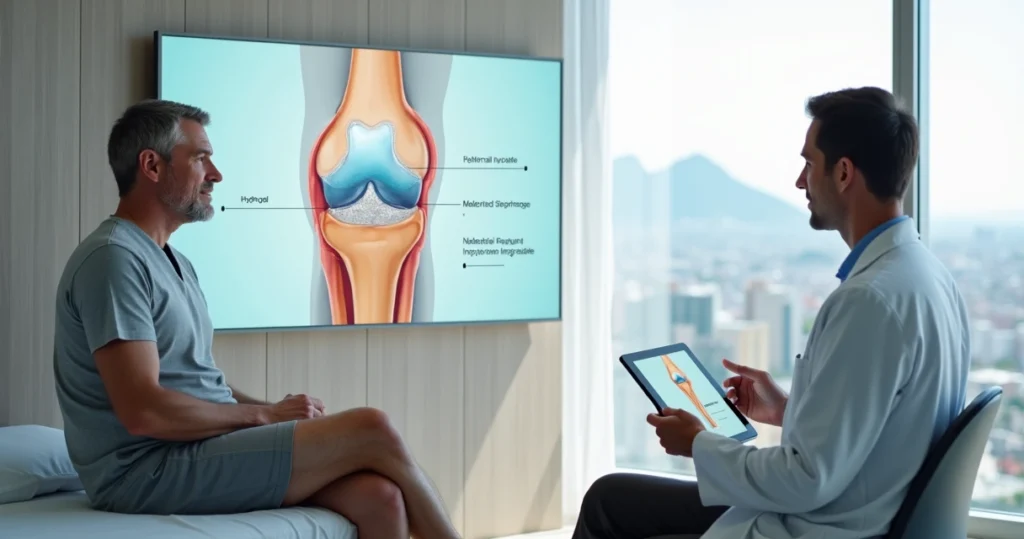 Médico explica tratamento com hidrogel para joelho dolorido em clínica moderna