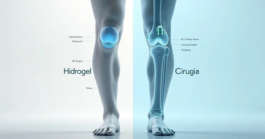 Comparação conceitual entre joelho tratado com hidrogel e joelho com cirurgia aberta