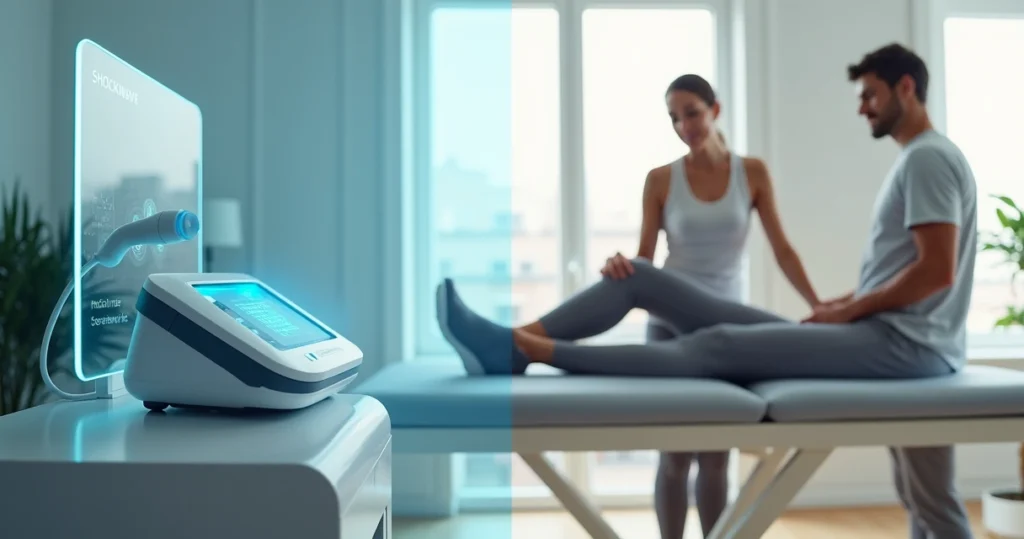 Metade mostrando equipamento de onda de choque e metade mostrando sessão de fisioterapia em clínica moderna